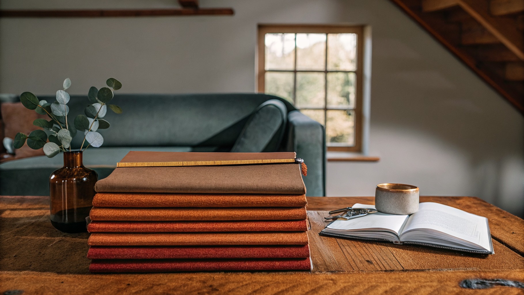 An open notebook and a stack of fabric samples in Aubury's rust, sage, and terracotta palette laid out on a warm oak table beside a sage green sofa, eucalyptus in an amber glass vase, soft afternoon light through a cottage window