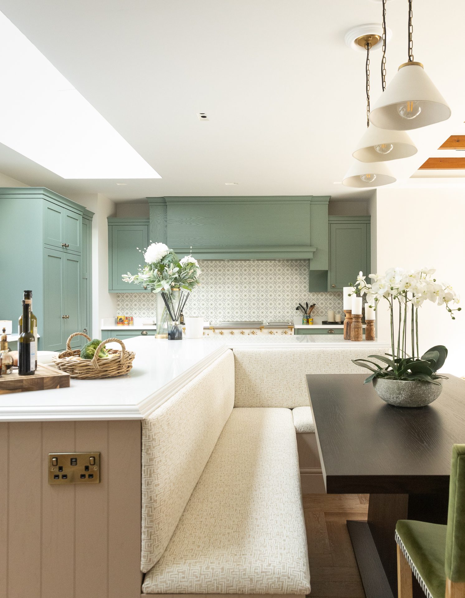 Elmfield Road, sage green kitchen with banquette seating