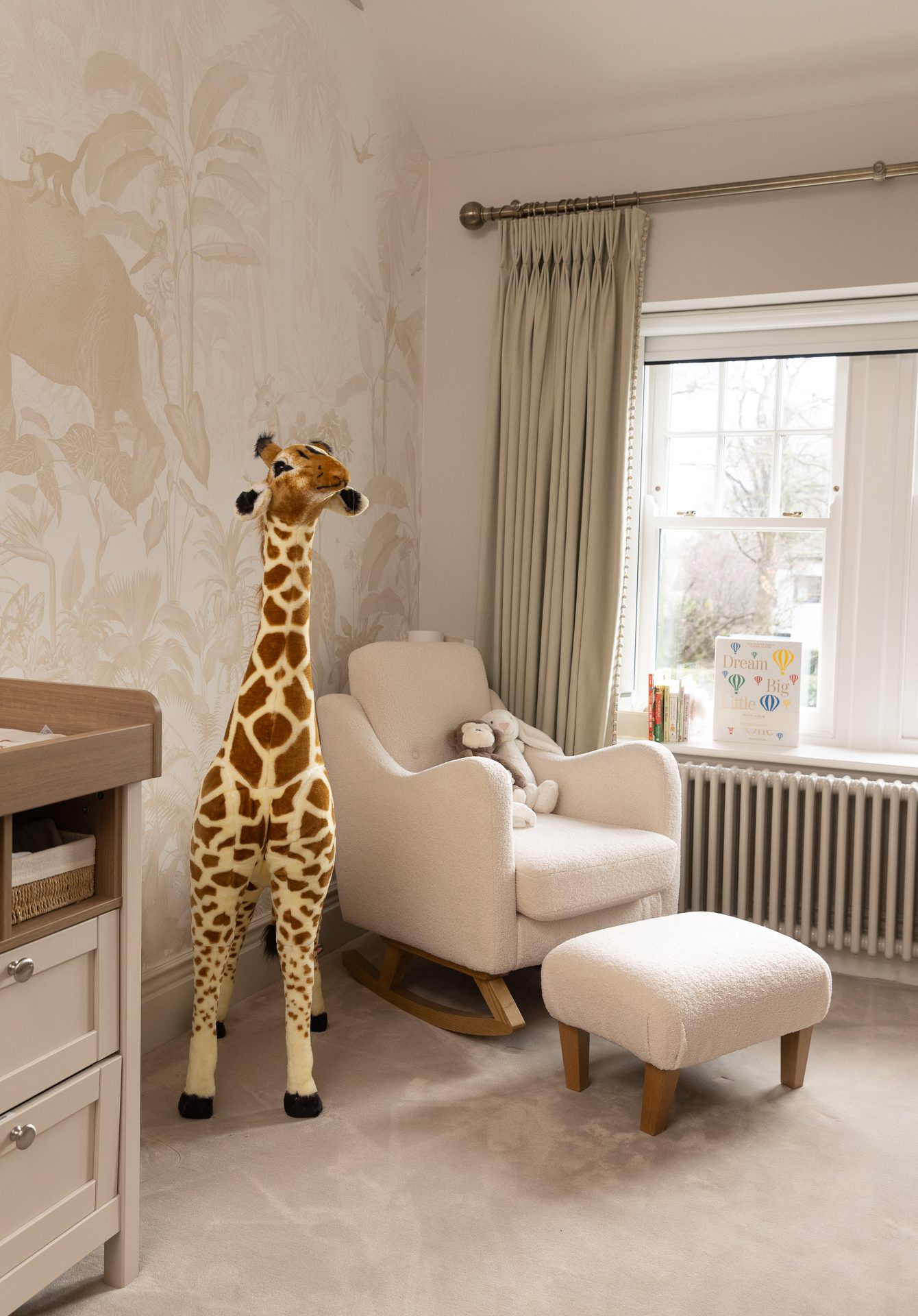 Nursery at Elmfield Road with botanical wallpaper and rocking chair