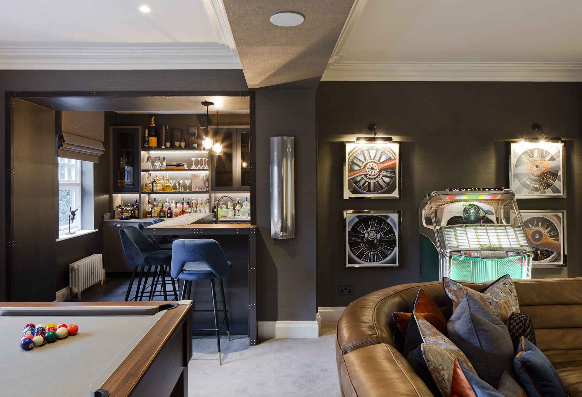 The games room at the Northumberland project, featuring a pool table, fully stocked bar and jukebox